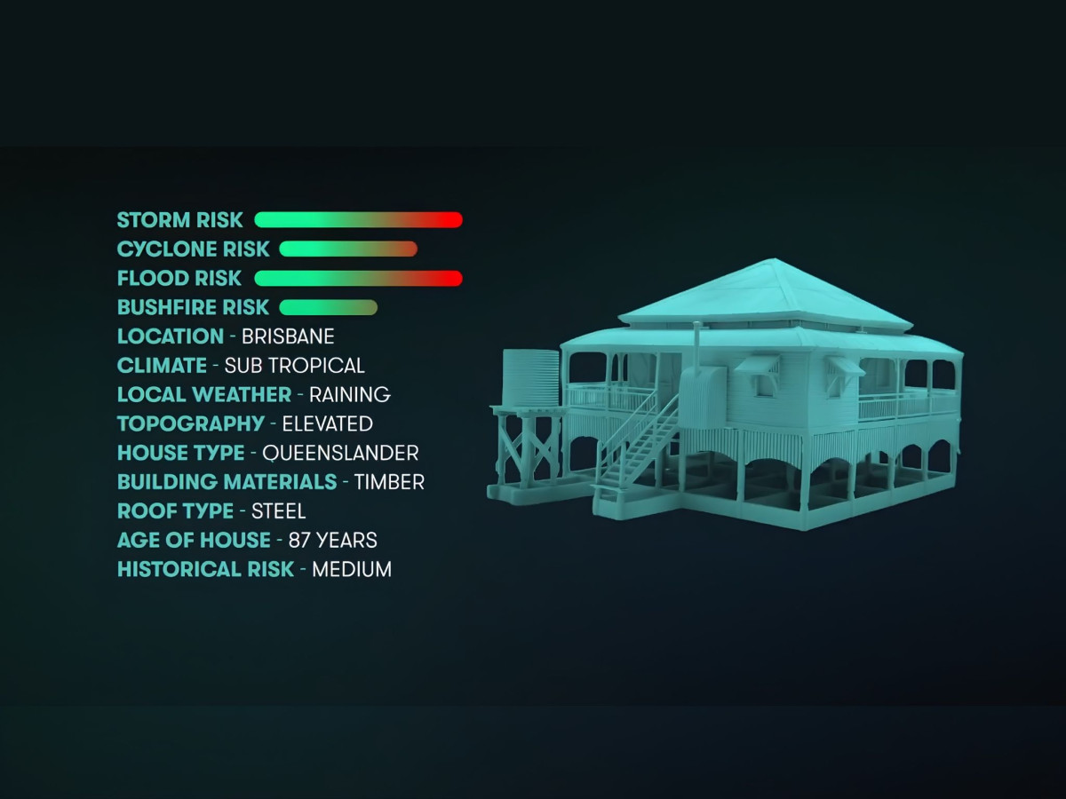 3D model of a house displayed alongside its specific environmental risk data and property details.