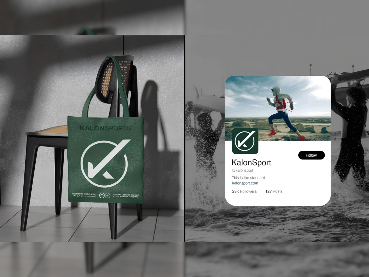 Kalon Sports logo on a green tote bag and a social media profile.