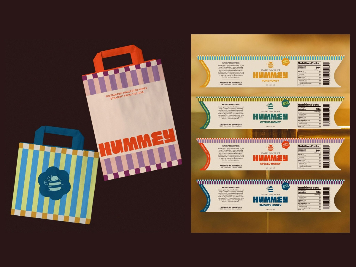 Two colorful patterned Hummey tote bags alongside four differently colored honey jar labels.