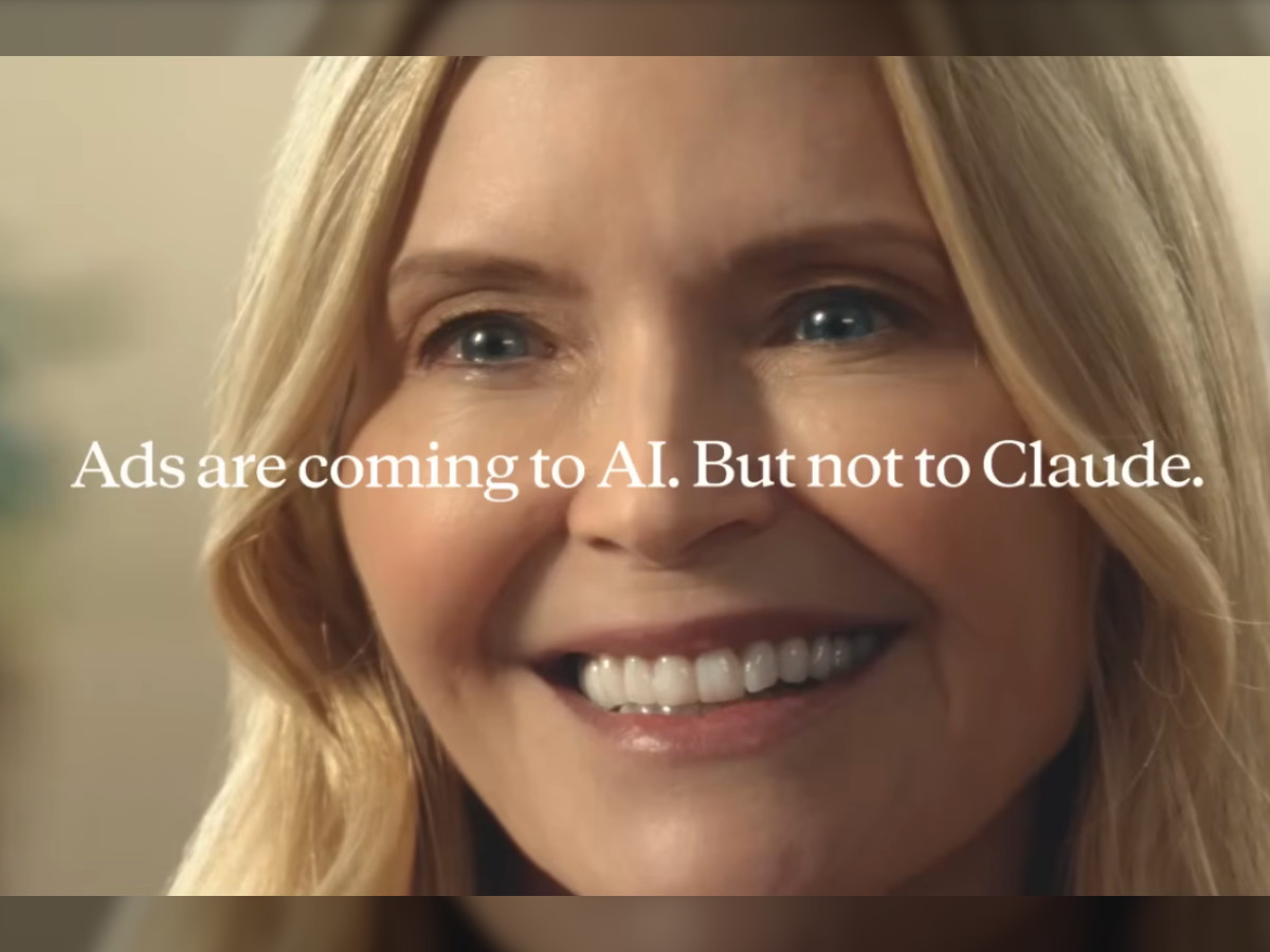Smiling woman with text about Claude rejecting ads.