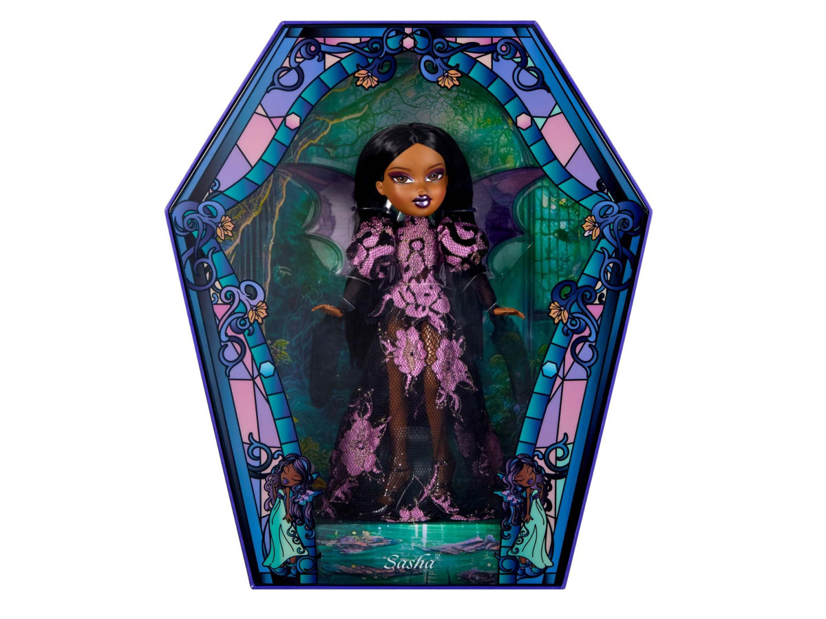 Bratz x Rodarte Sasha doll in a purple and black lace outfit inside stained-glass packaging.