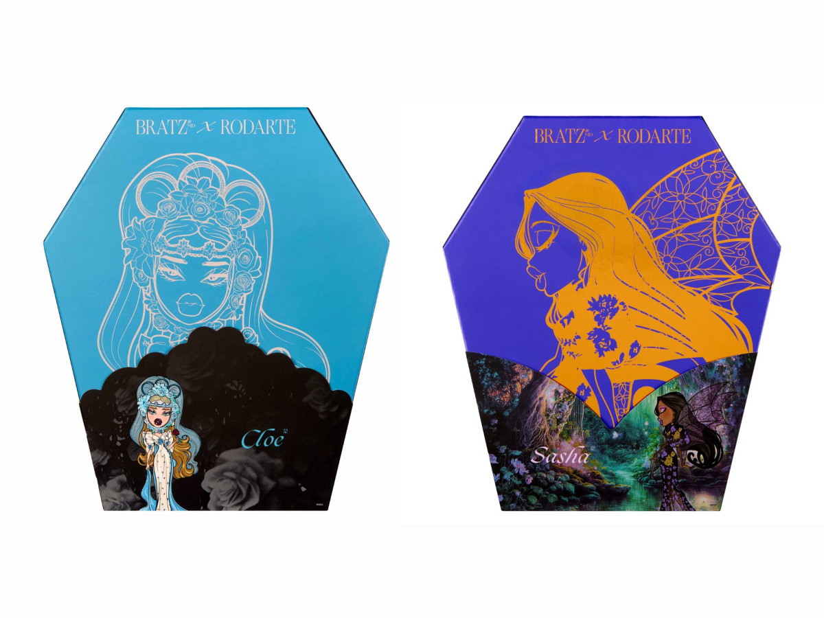 Exterior packaging for the Bratz x Rodarte Cloe and Sasha dolls featuring brand logos and stylized illustrations.