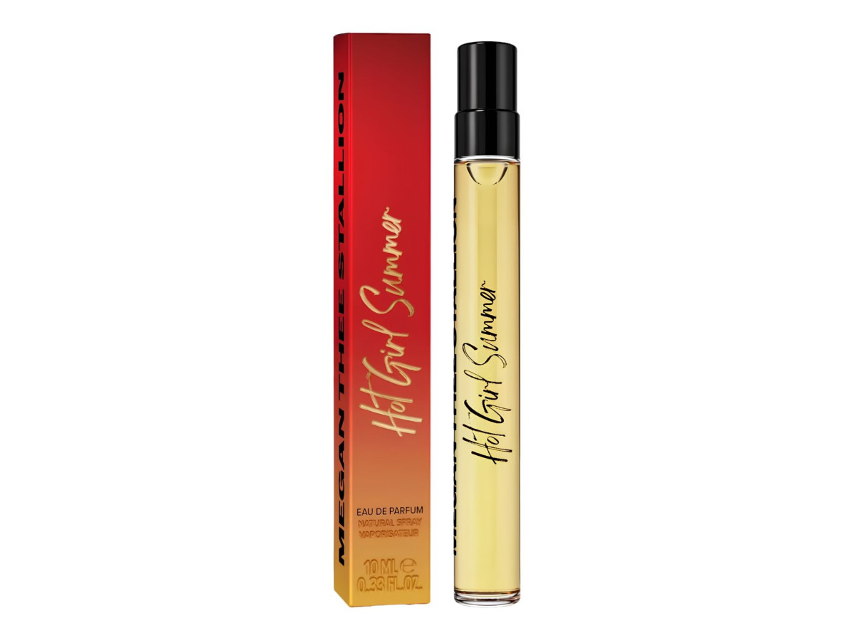Travel-size spray bottle of Hot Girl Summer perfume next to its tall, slim box.