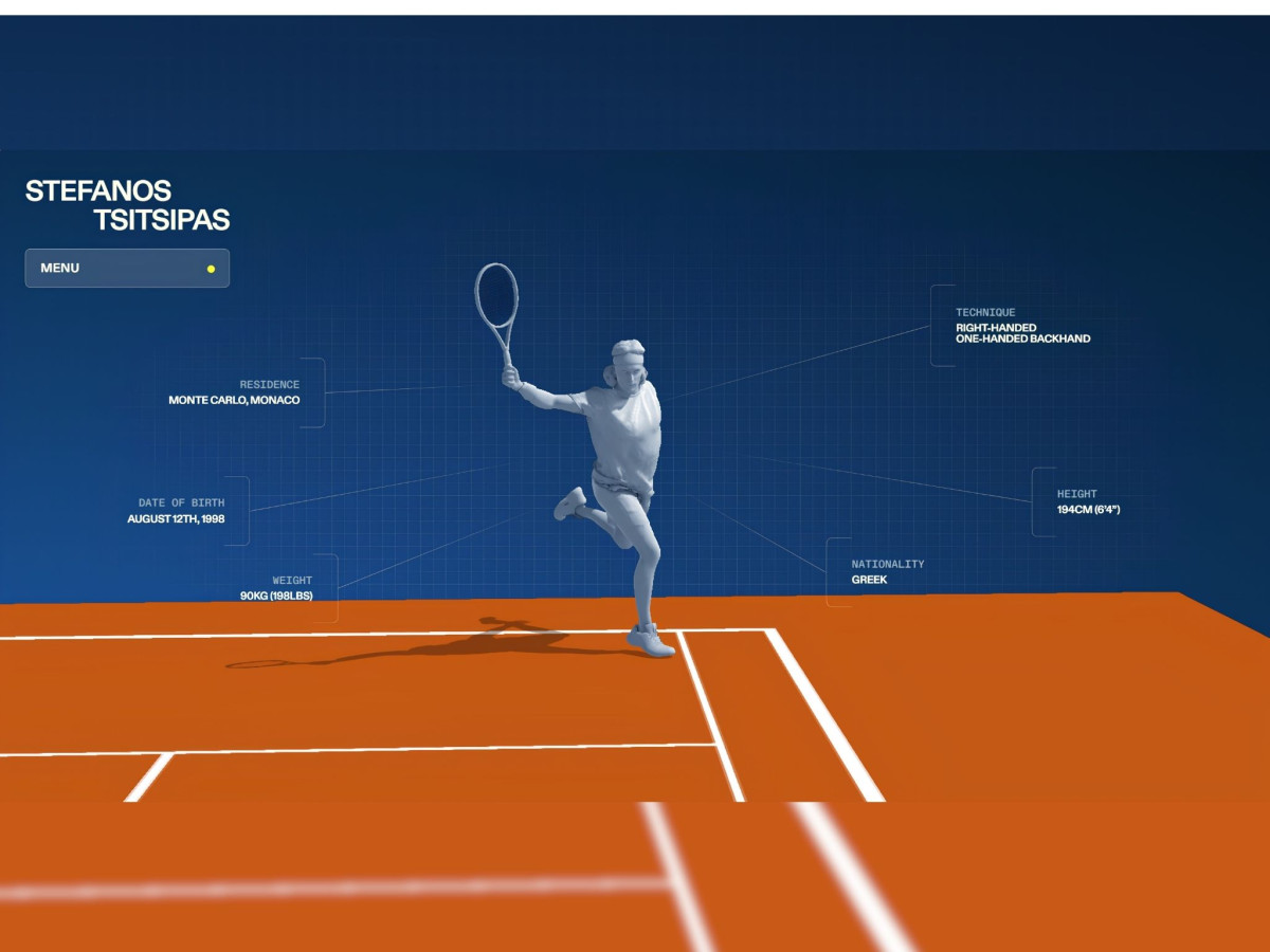 3D model of Stefanos Tsitsipas on court with player stats.