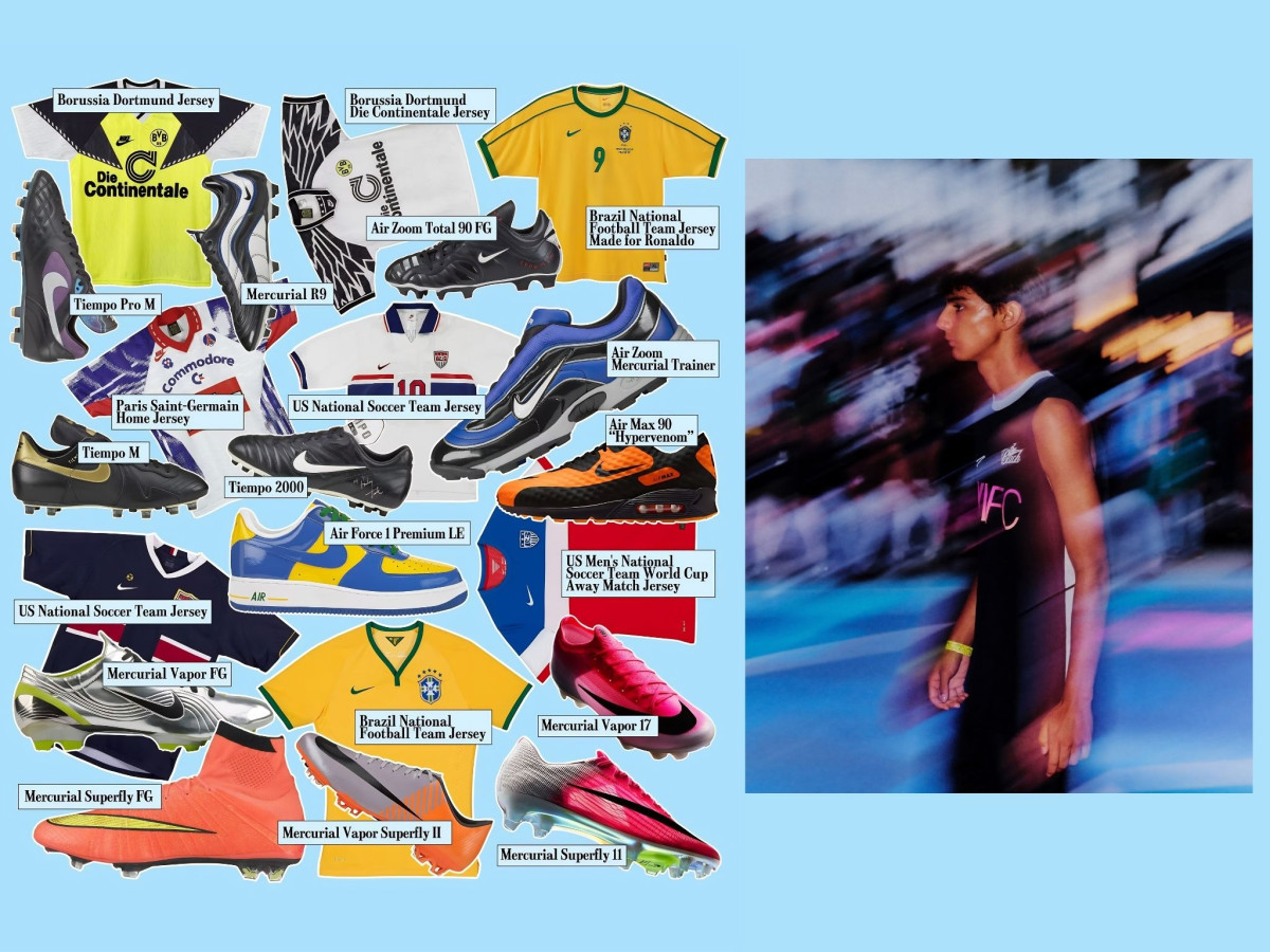 A collage of labeled Nike soccer jerseys and cleats next to a blurred portrait of a young athlete.