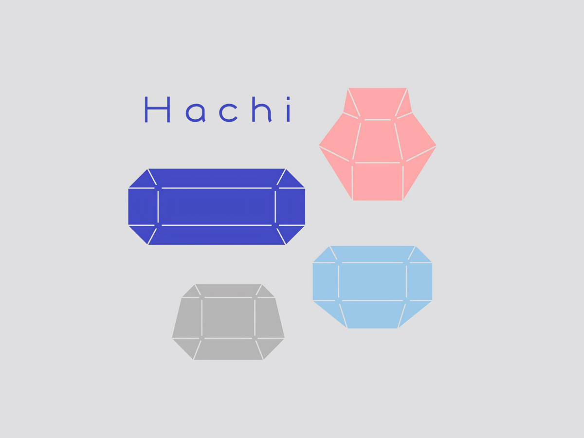 The Hachi logo typography accompanied by four colorful, octagonal pot shapes.