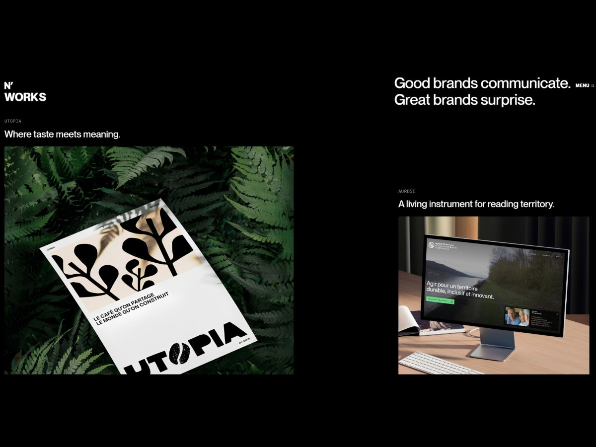 Dark-themed portfolio webpage showcasing project thumbnails for Utopia and Aurbse.