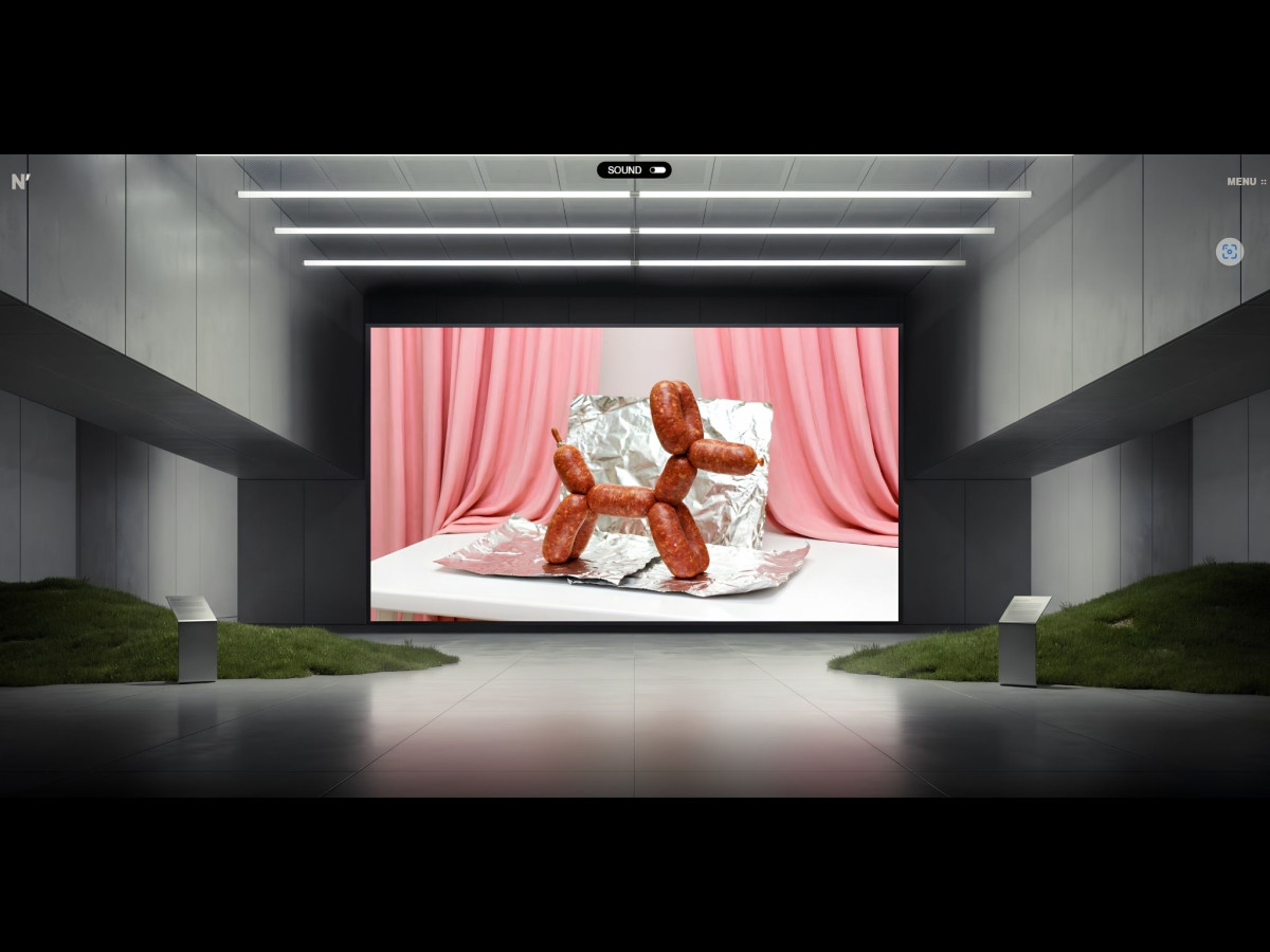 Virtual gallery webpage displaying a digital artwork of a sausage balloon dog.