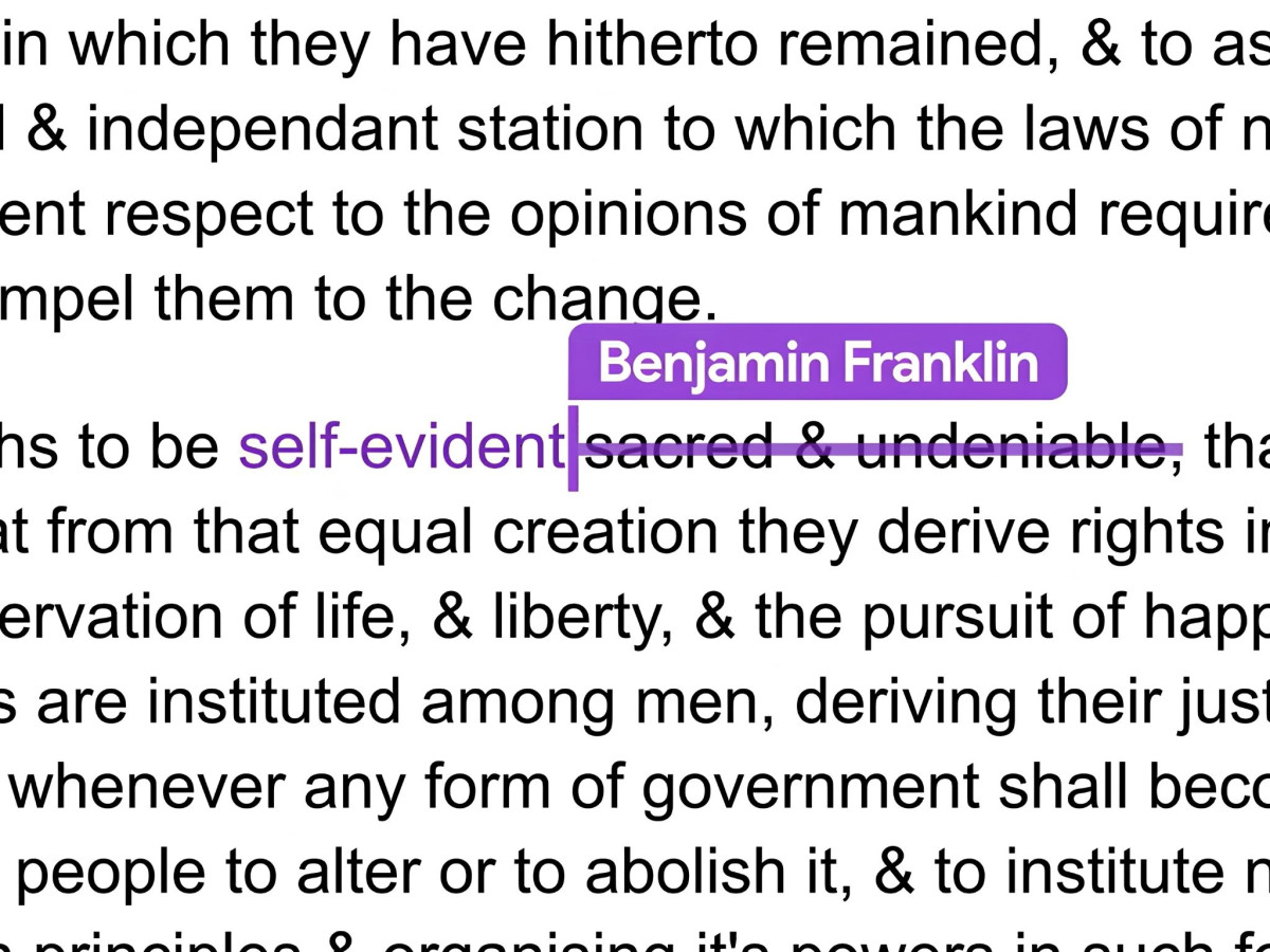A digital document interface showing Benjamin Franklin making live text edits to the Declaration of Independence.