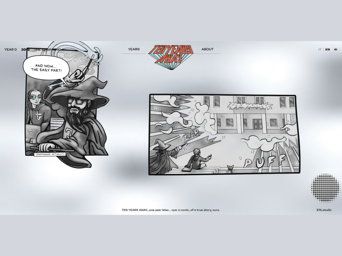 Webpage displaying a grayscale comic panel of a wizard at a computer for the year 2015.