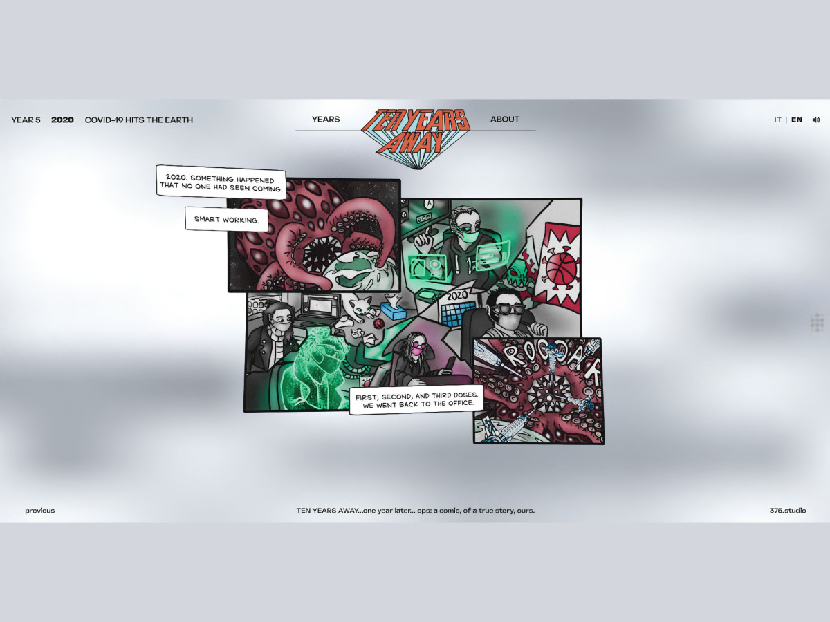 Webpage featuring a layered comic layout illustrating the year 2020 with characters in masks and a virus monster.
