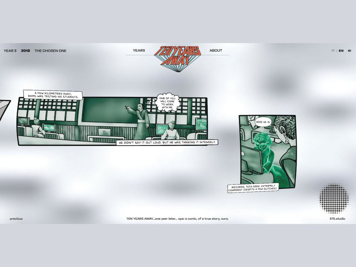 Webpage showing a green-tinted comic strip depicting a master and a glowing tech student for 2018.