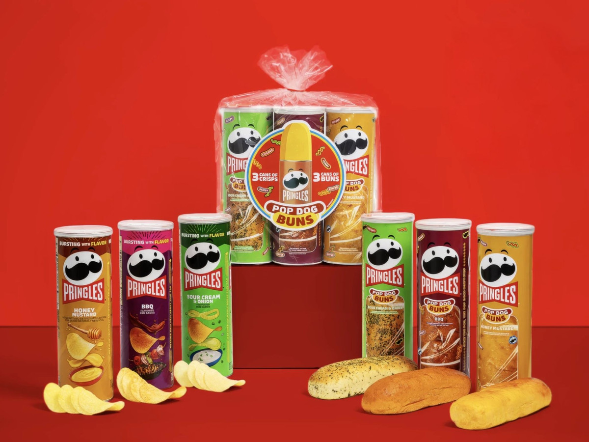 Pringles crisps and Pop Dog Bun cans with buns.