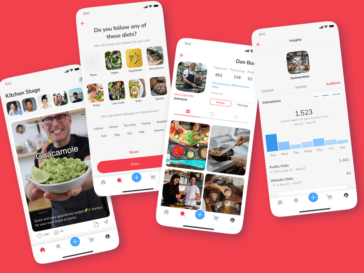 Food app screens showing recipe discovery, local restaurant listings, and a map