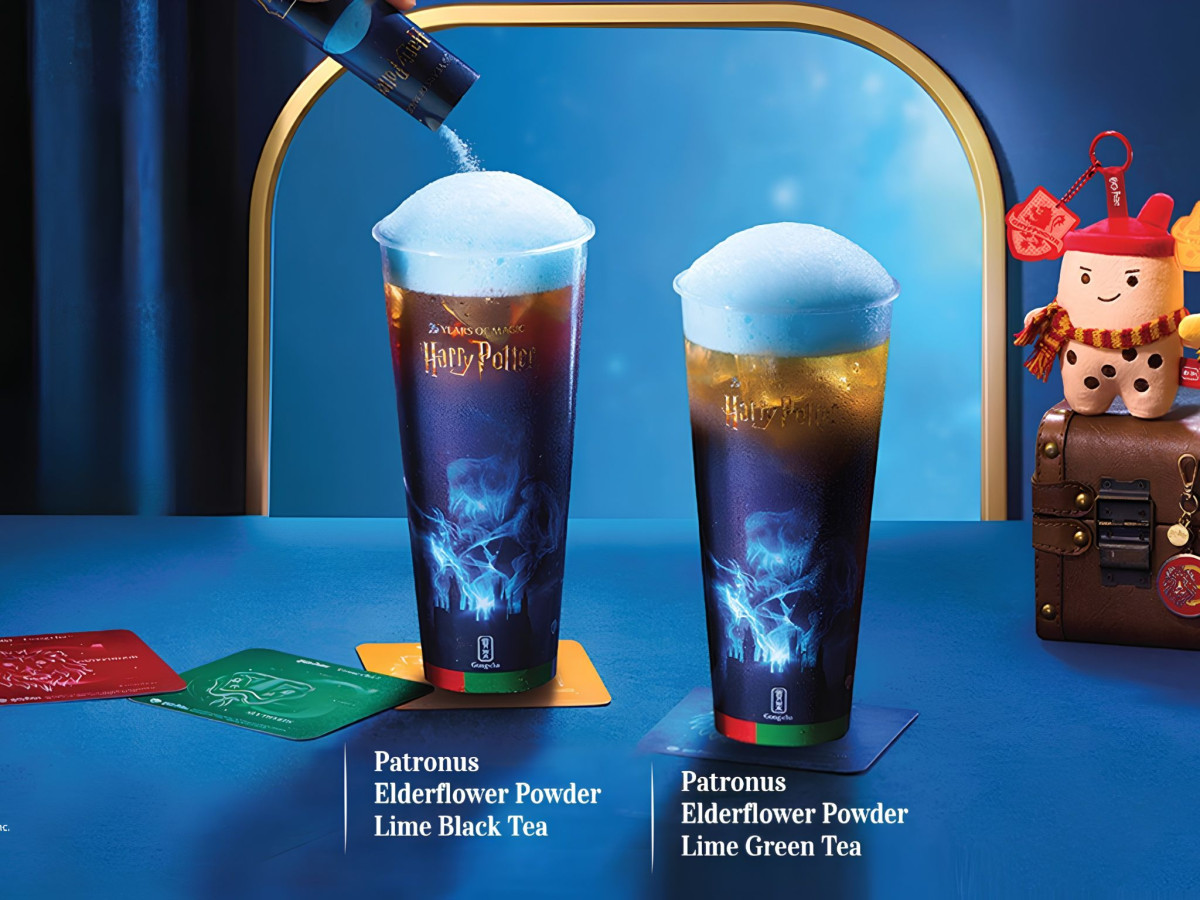 Harry Potter-themed Gong cha drinks, coasters, and a boba plush toy.