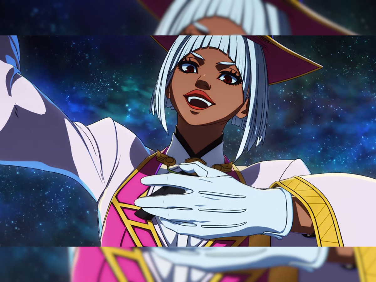 Anime-style female character with white hair and pink outfit smiling against a starry background.