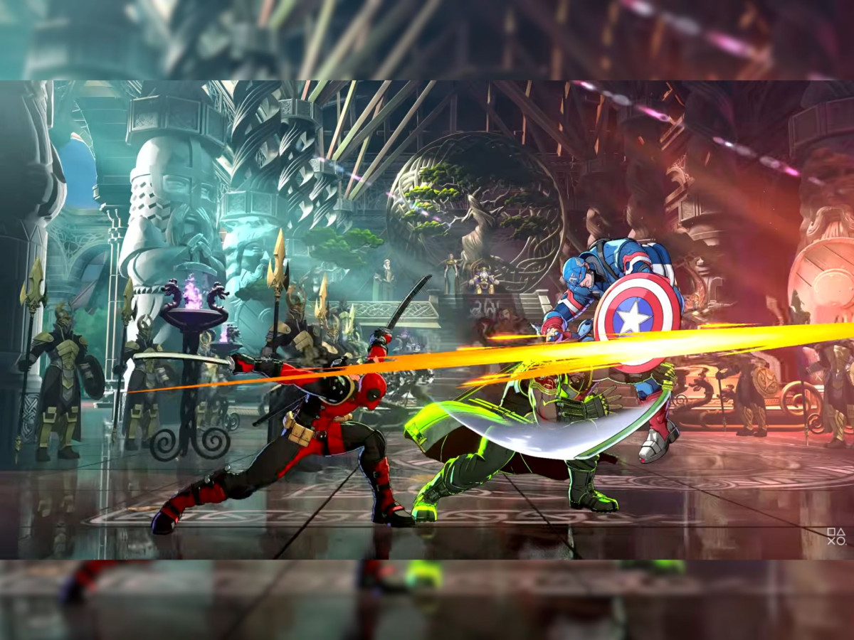 Fighting game scene showing Deadpool striking an opponent with a sword in a grand hall.