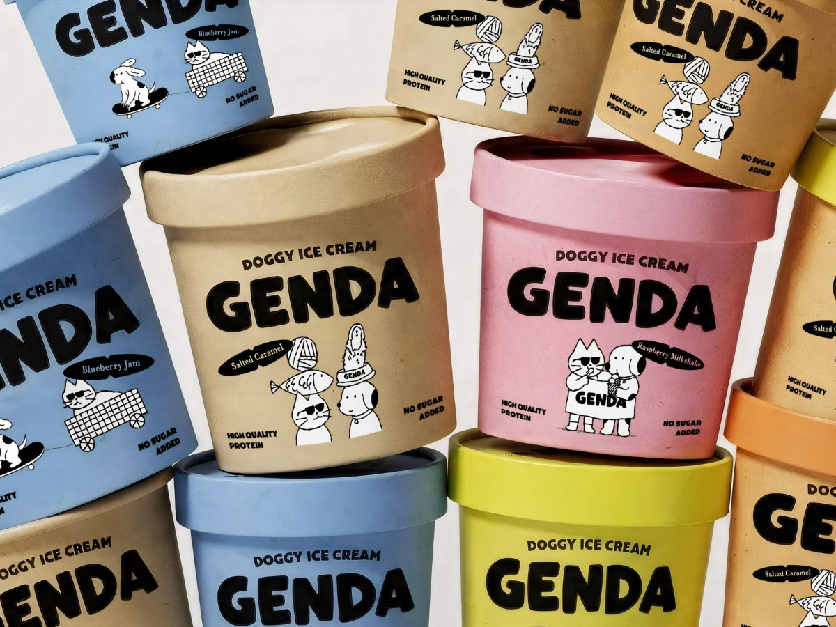 Stacked pastel pints of Genda Doggie Ice Cream featuring playful cartoon illustrations.