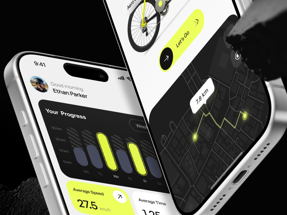 Three Rydeon app screens featuring cyclist photos and a dark mode route map.
