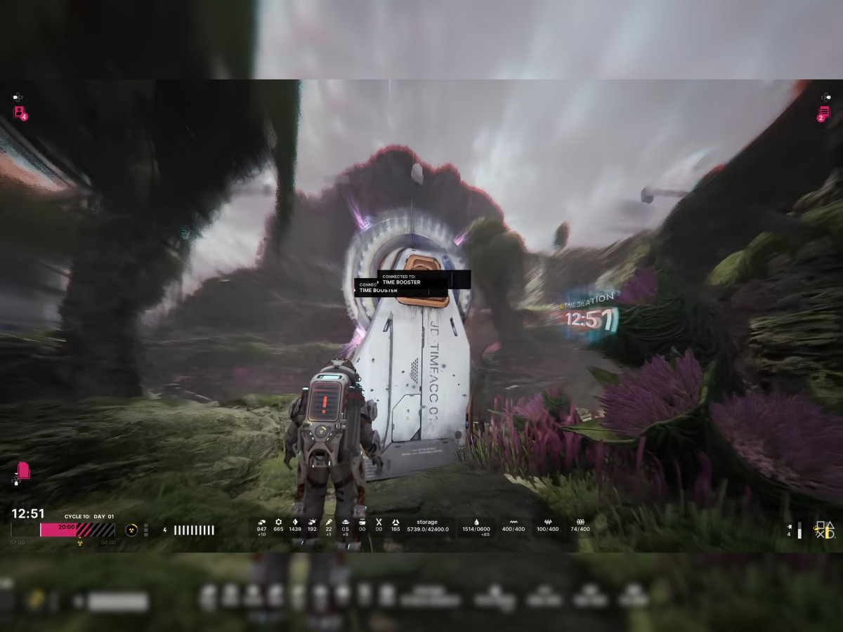 Astronaut facing a Time Booster machine on an alien planet.