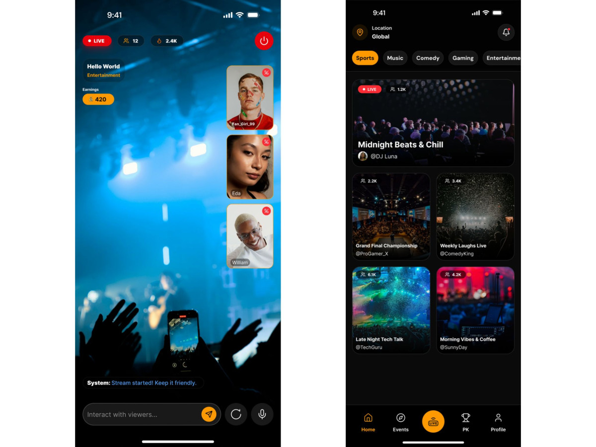 Trap House live stream view and categorized content feed.