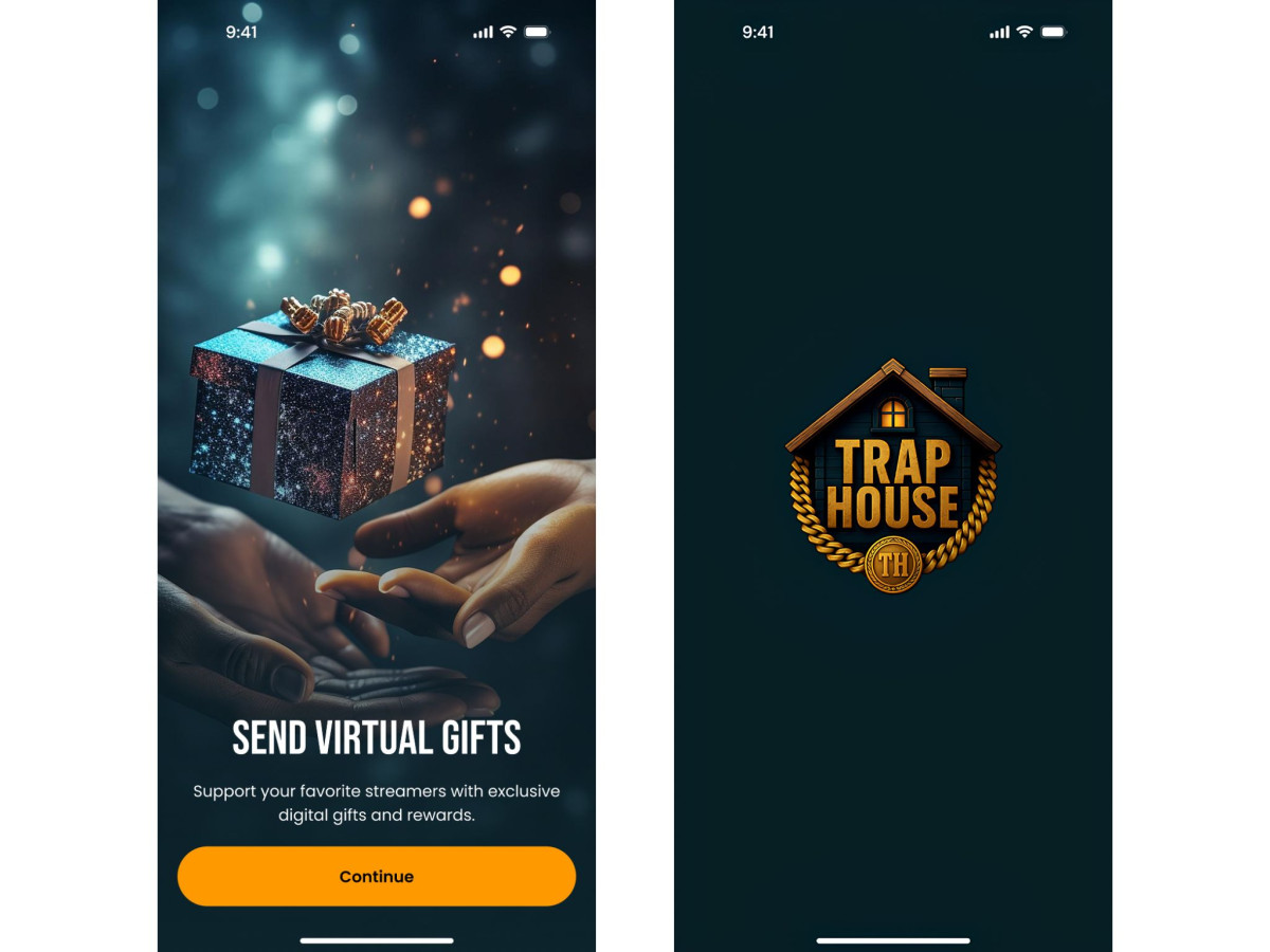 Trap House app splash screen and virtual gift interface.