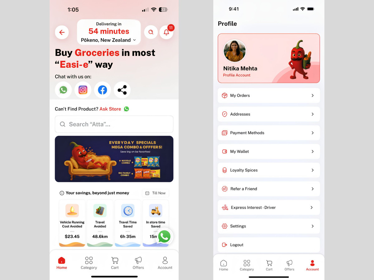 ClickSpice app home screen and user profile menu.