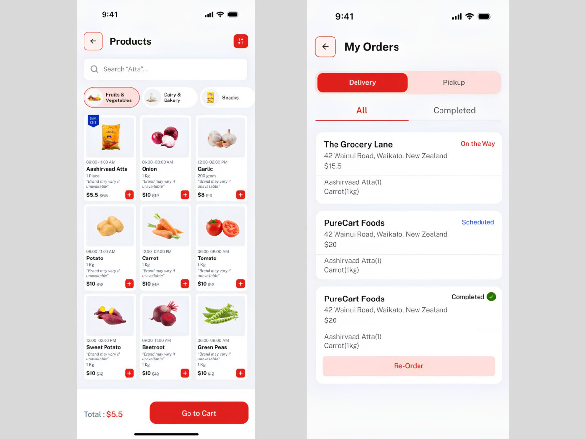 ClickSpice app product listing and order history screens.