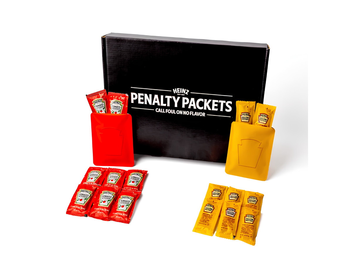 Heinz Penalty Packets box with red and yellow sleeves.