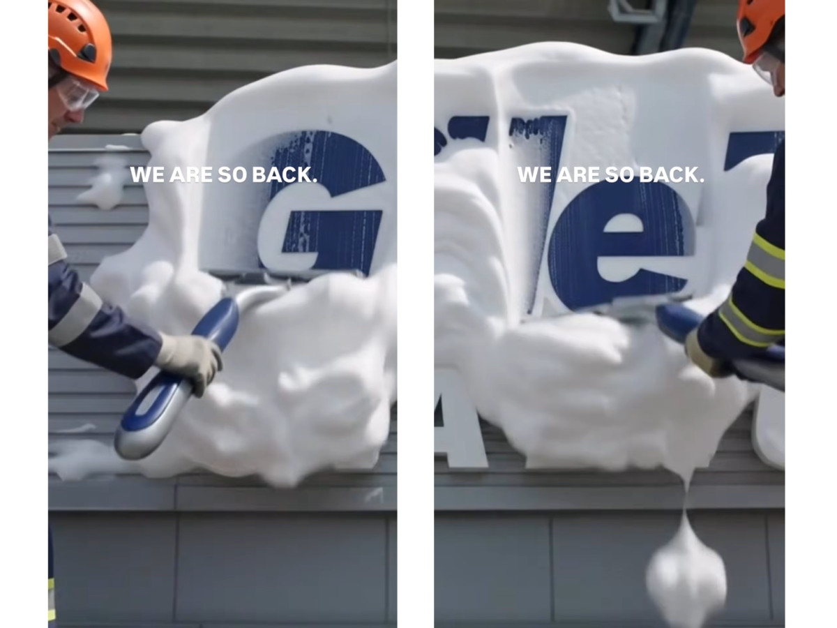 Giant razor scraping white foam off the Gillette logo.