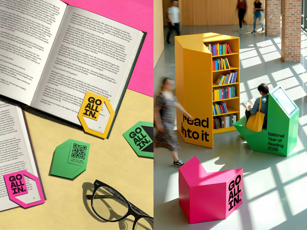 GO ALL IN branded bookmarks and book-shaped reading furniture.