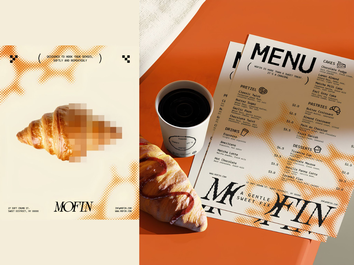 MOFIN poster with a pixelated croissant, alongside a branded menu, coffee cup, and pastry.
