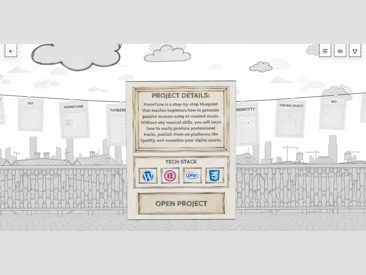 Illustrated project panel on a hand-drawn rooftop.
