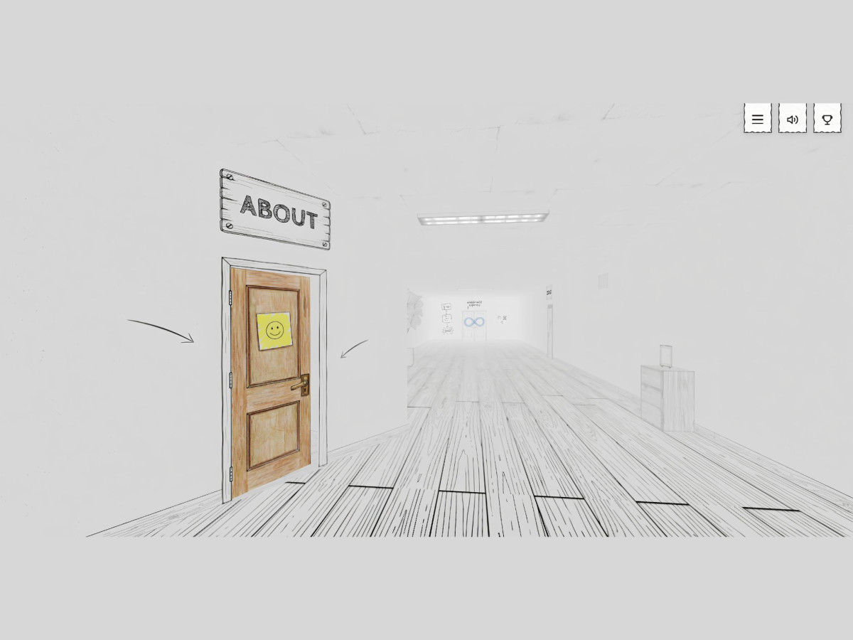 Sketch-style 3D corridor with an "ABOUT" door.