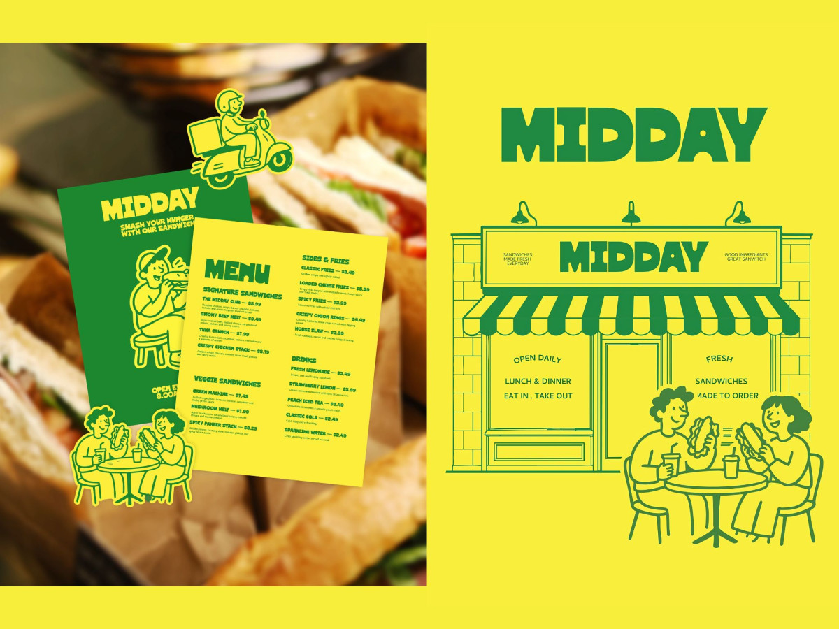 MIDDAY yellow and green menu design alongside a green storefront illustration.
