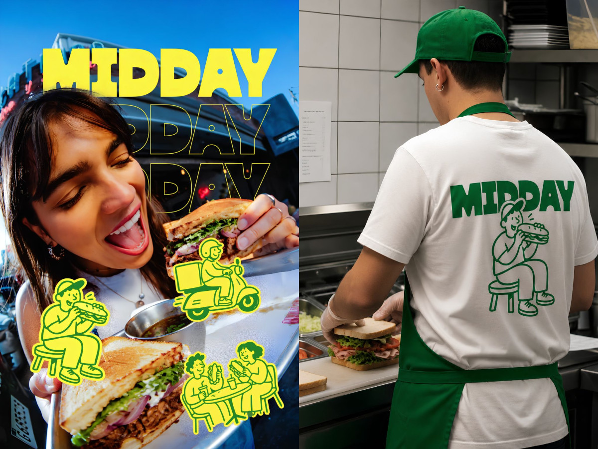 A woman holding a sandwich tray and a staff member wearing a branded green and white MIDDAY shirt.