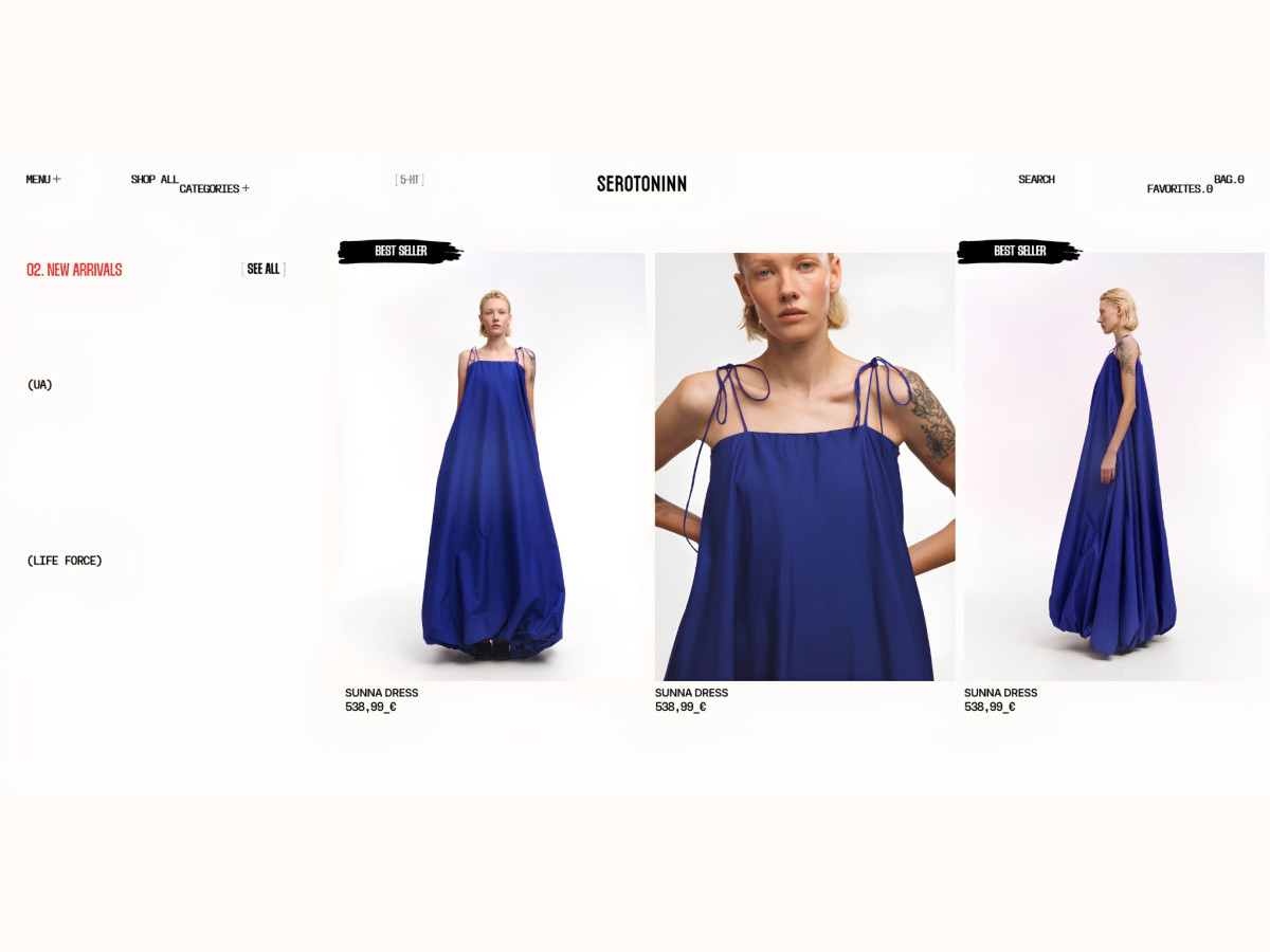 Serotoninn e-commerce page displaying a blue dress.