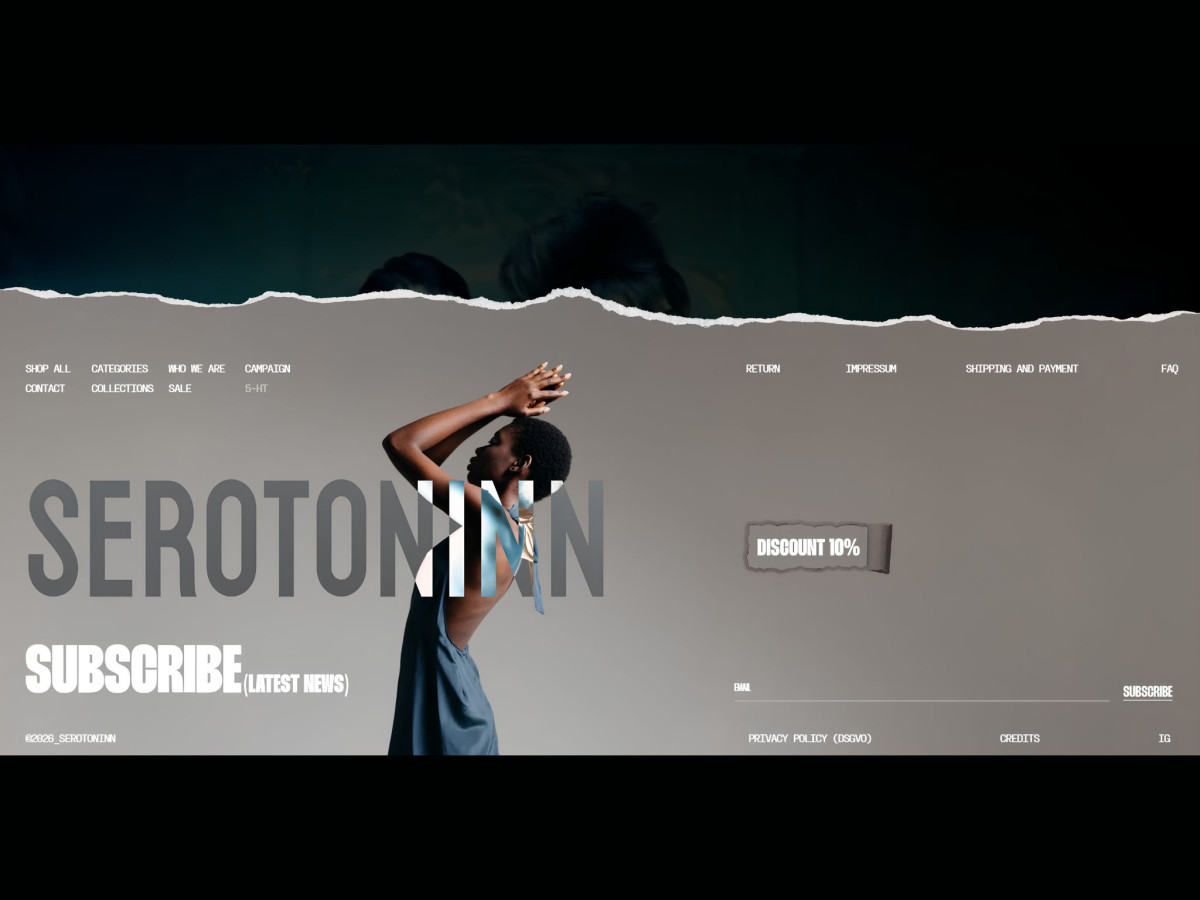 Serotoninn website footer with a newsletter signup and discount.