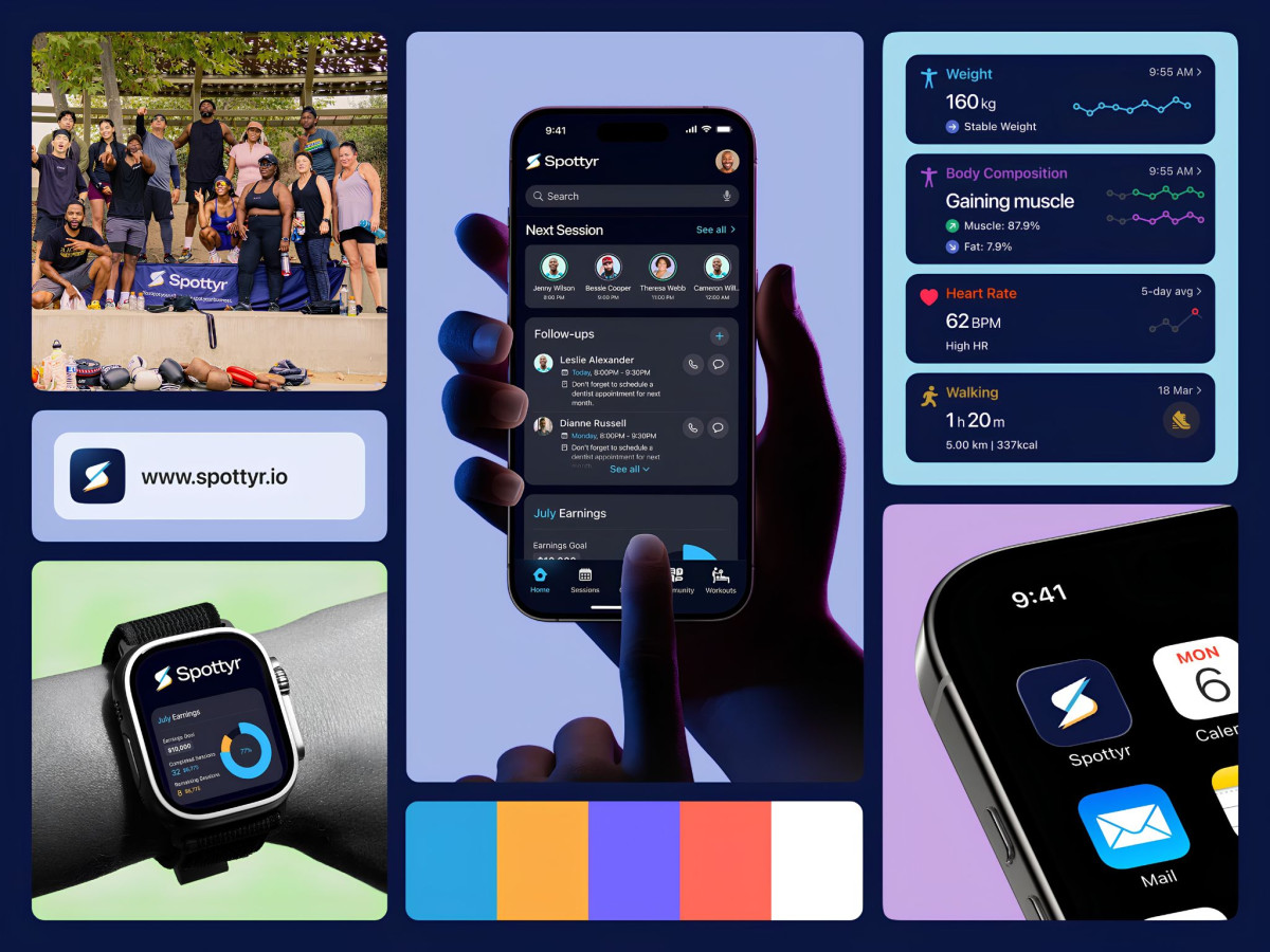 Collage of Spottyr app interfaces on mobile and smartwatch alongside health metrics and a group photo.