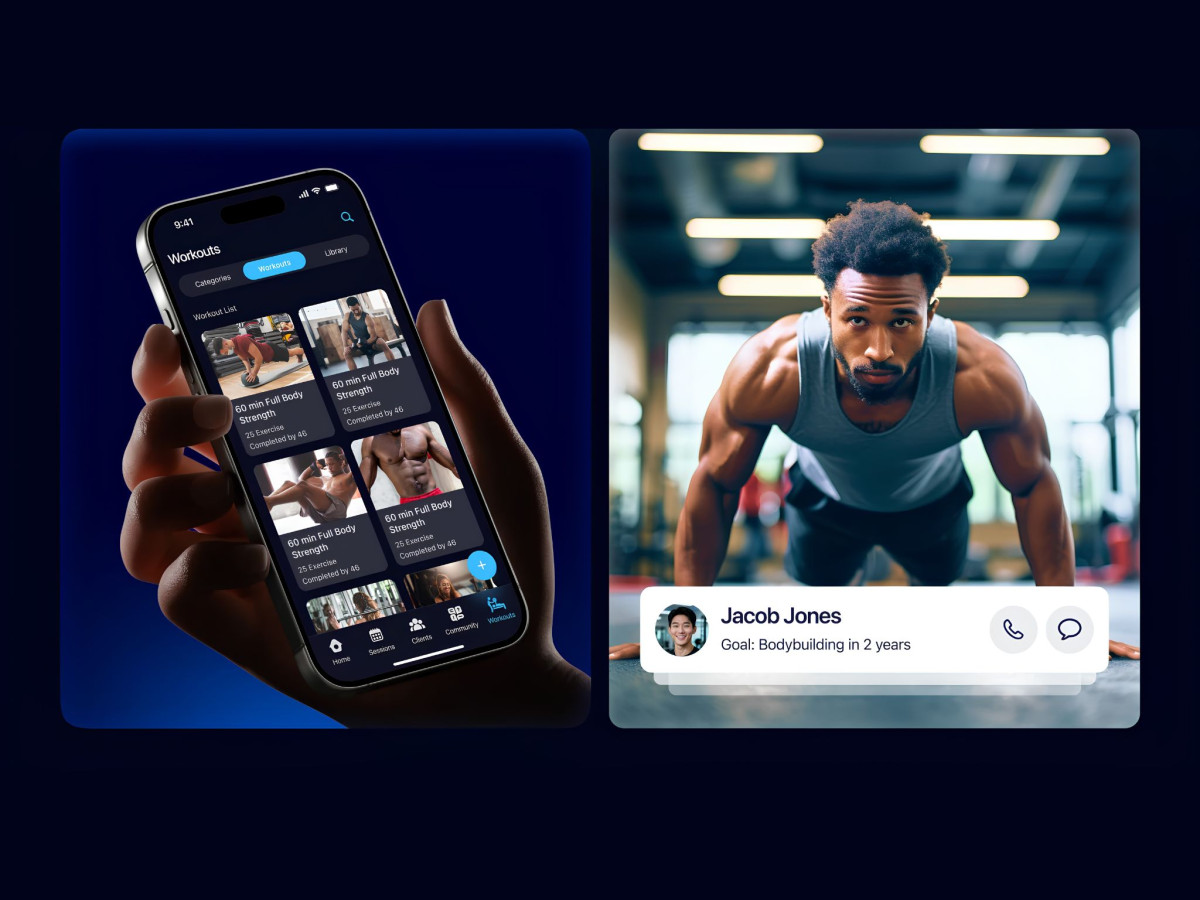 Spottyr app workout library on a phone next to a client profile over a man doing push-ups.