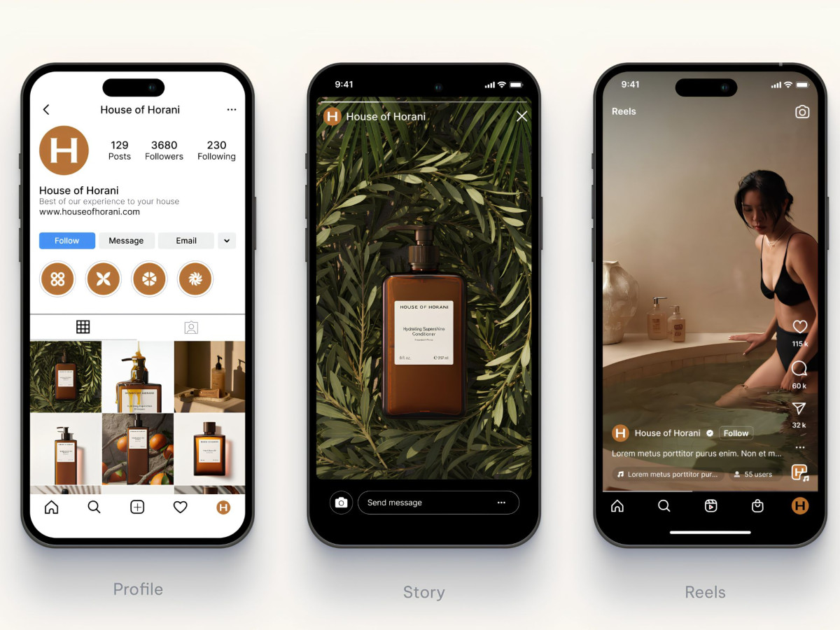 House of Horani Instagram profile, story, and reels mockups.