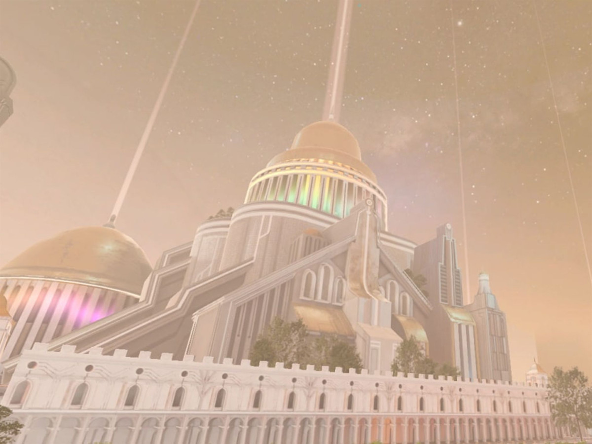 Glowing virtual temple structure under a hazy dawn sky.
