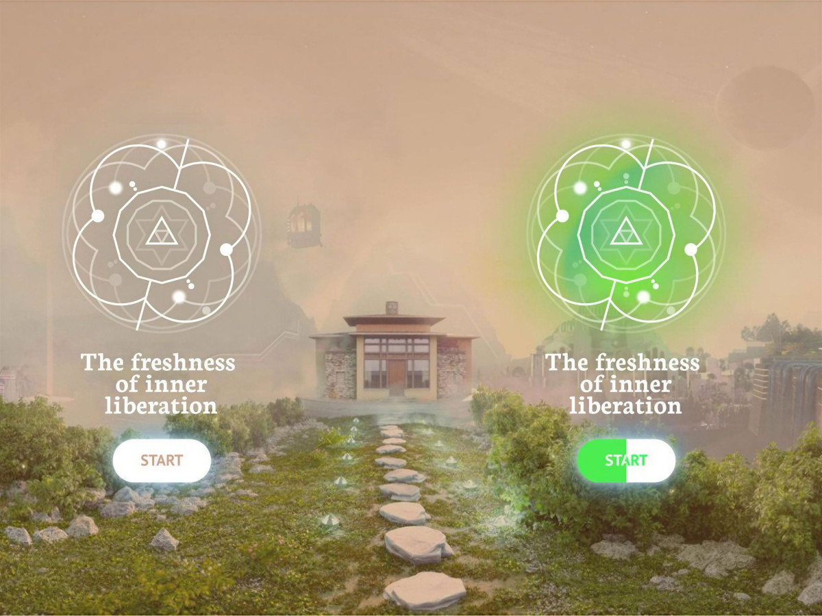 Green glowing mandala interface over a tranquil VR landscape.