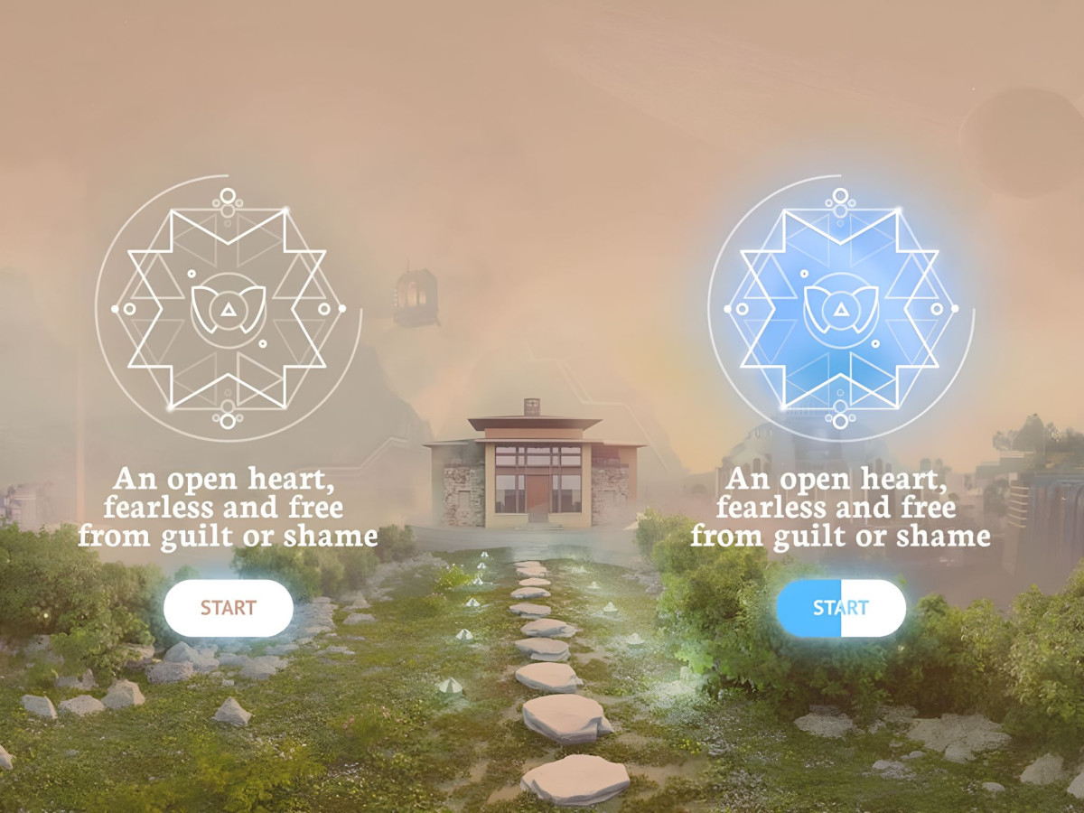 Blue glowing mandala interface over a tranquil VR landscape.