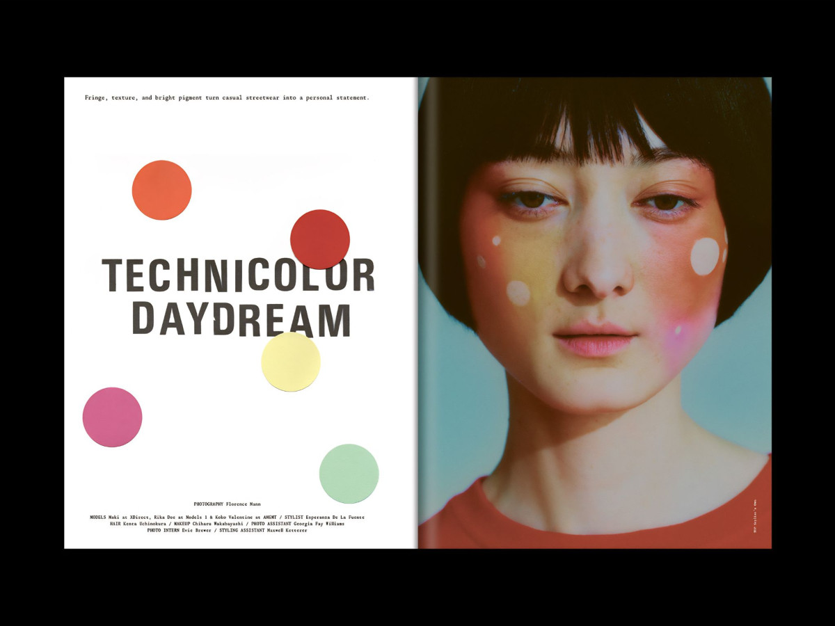 Magazine spread featuring "TECHNICOLOR DAYDREAM" typography and a model with colorful circle makeup.