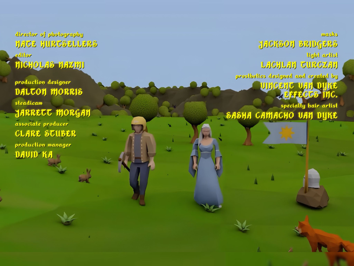 Low-poly 3D animated video credits over a green landscape.