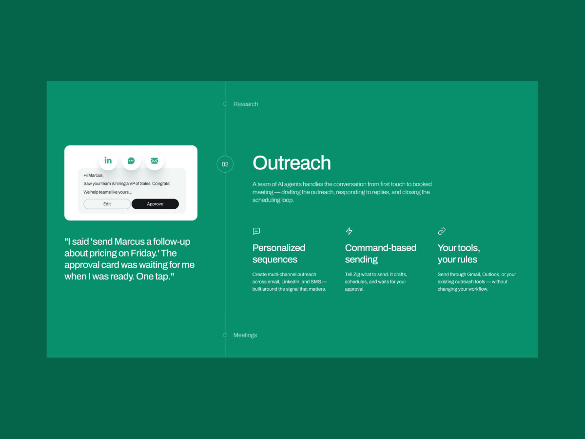 Zig.ai outreach workflow and approval interface demonstration.