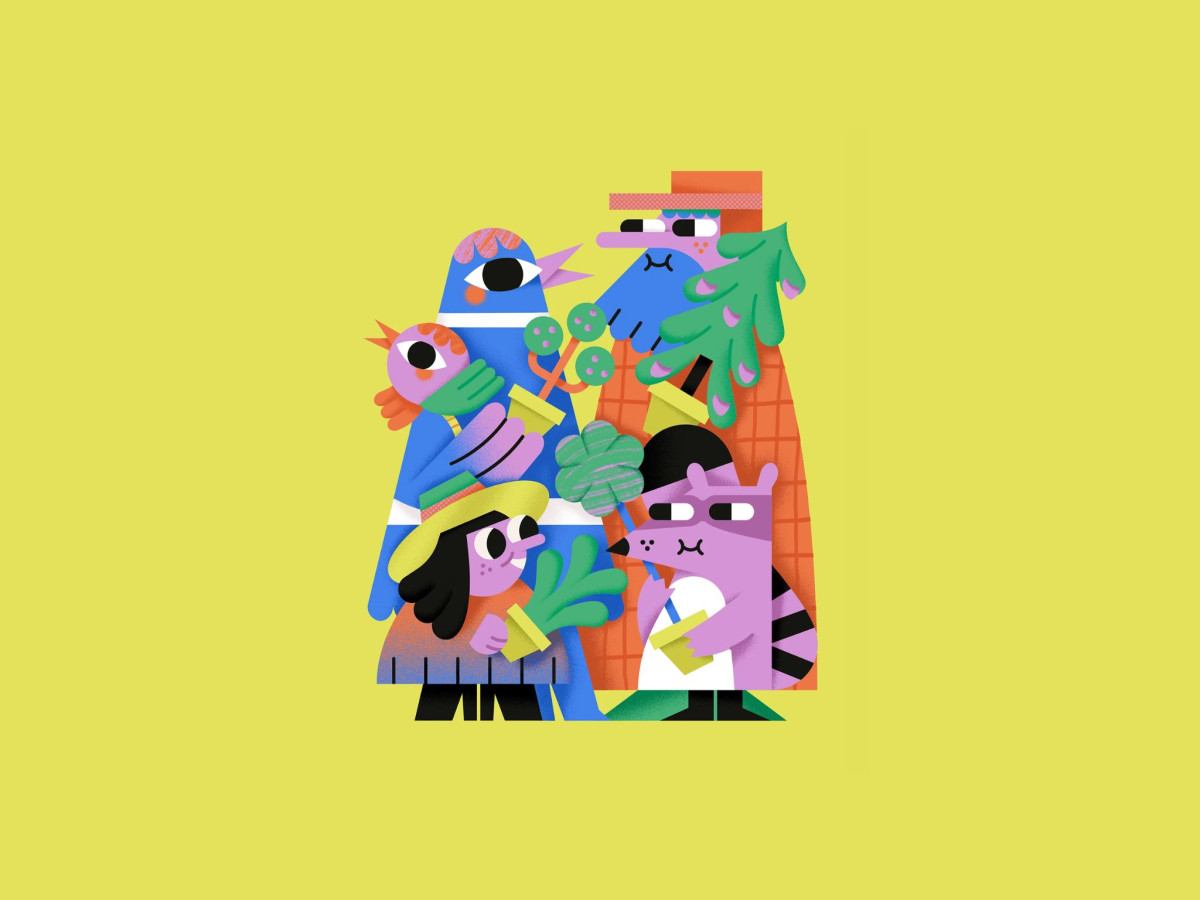Stylized illustration of characters and animals holding small plants.