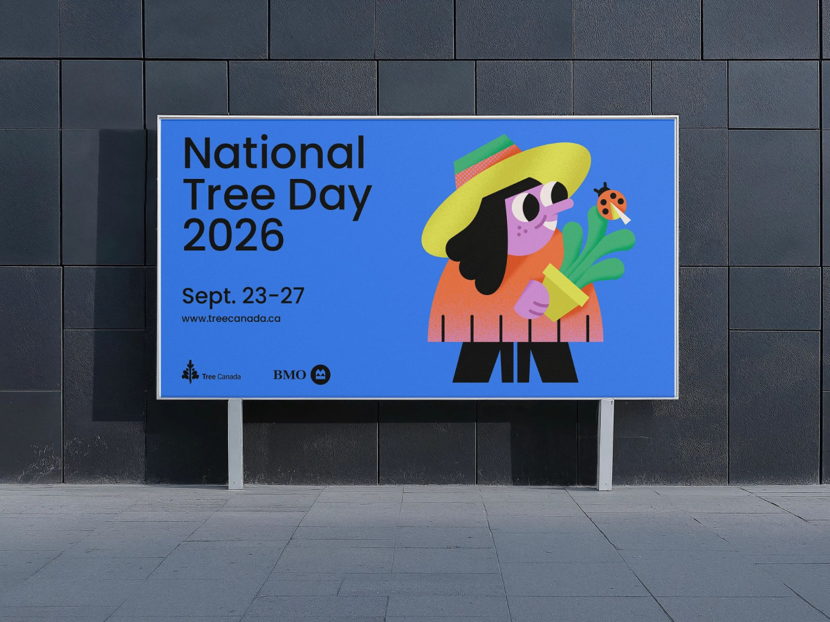 Billboard featuring a colorful National Tree Day character illustration.