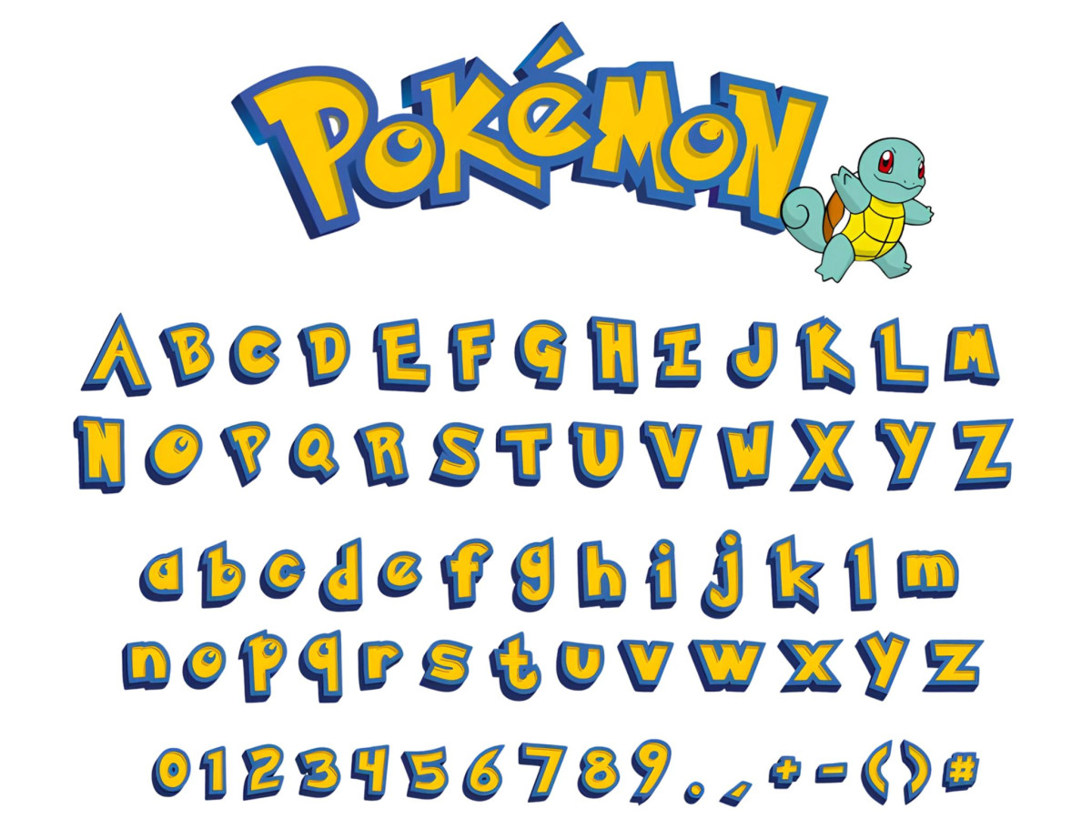 Yellow and blue Pokémon-style alphabet and numbers.